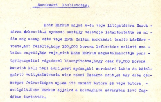 Részlet a „Soroksári közbiztonság.” jegyzőkönyvből- 1920. május 6. (Forrás: MZSL)
